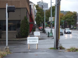 Closed sidewalk at Mercer and Westlake